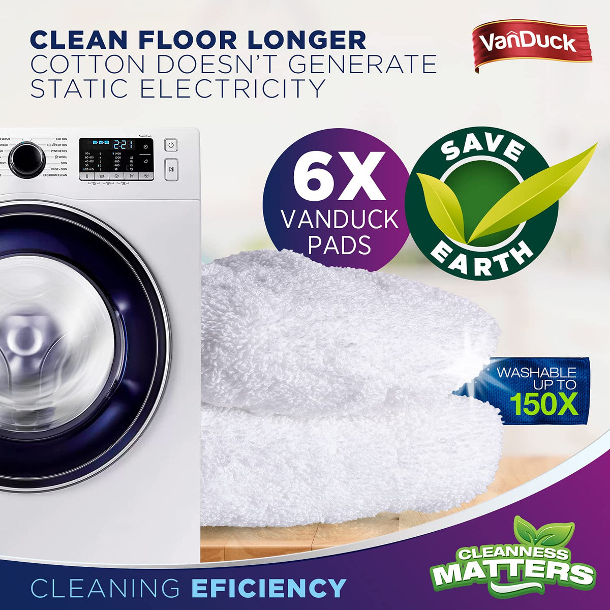 VanDuck 100% Cotton Terry Cloth Mop Pads 15x8 Inch 6-Pack (Handle is Not Included)