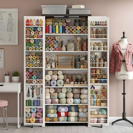 NEWOWNDS Craft Storage Cabinet with LED Lights – 72" Adjustable Shelves Sewing Organizer, Multi-Purpose Sewing Cabinet for Craft Room/Home Office Storage