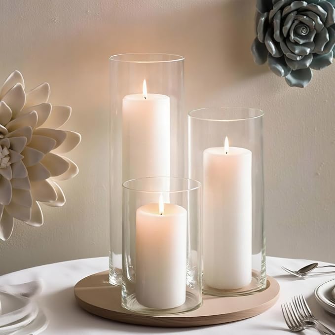 24 Pcs White Pillar Candles with Glass Candle Holder Hurricane Glass Candle Holders Clear Cylinder Vases for Centerpieces Wedding Office Party Home Table Decor