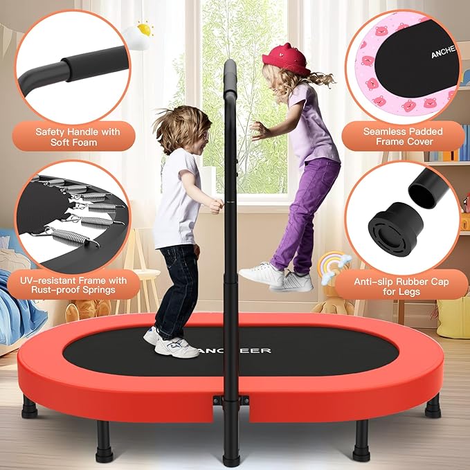 ANCHEER 56" Double Mini Trampoline for Kids, Mini Rebounder with 5-Level Adjustable Handle, Parent-Child Trampoline for Kids, Max Load 220lbs, Fun for Indoor/Outdoor