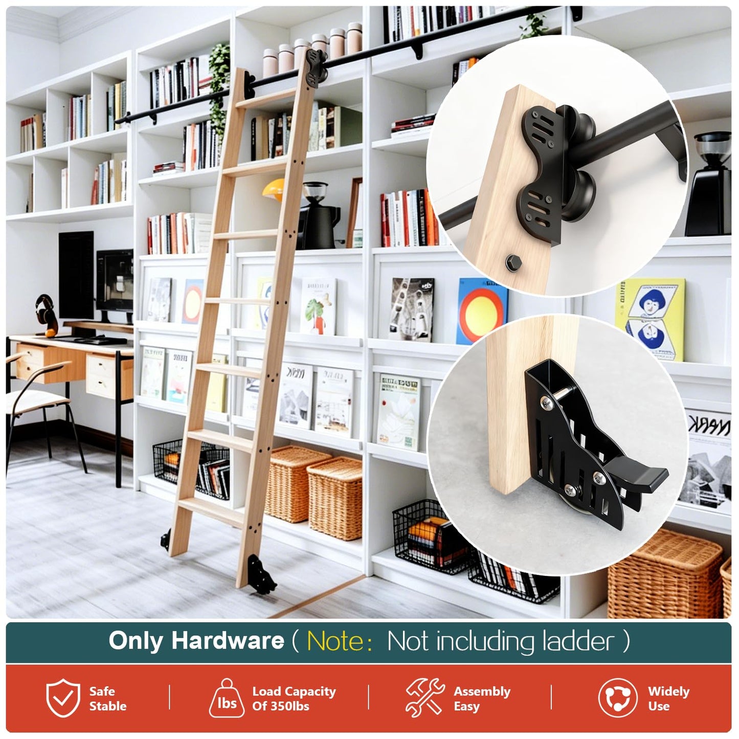 104RDHOUSE 12FT Sliding Library Ladder Hardware Kit, Black Retractable Rolling Ladder with Braking Casters, Adjustable to Stand Upright, MAX Load 300lbs，No Ladder