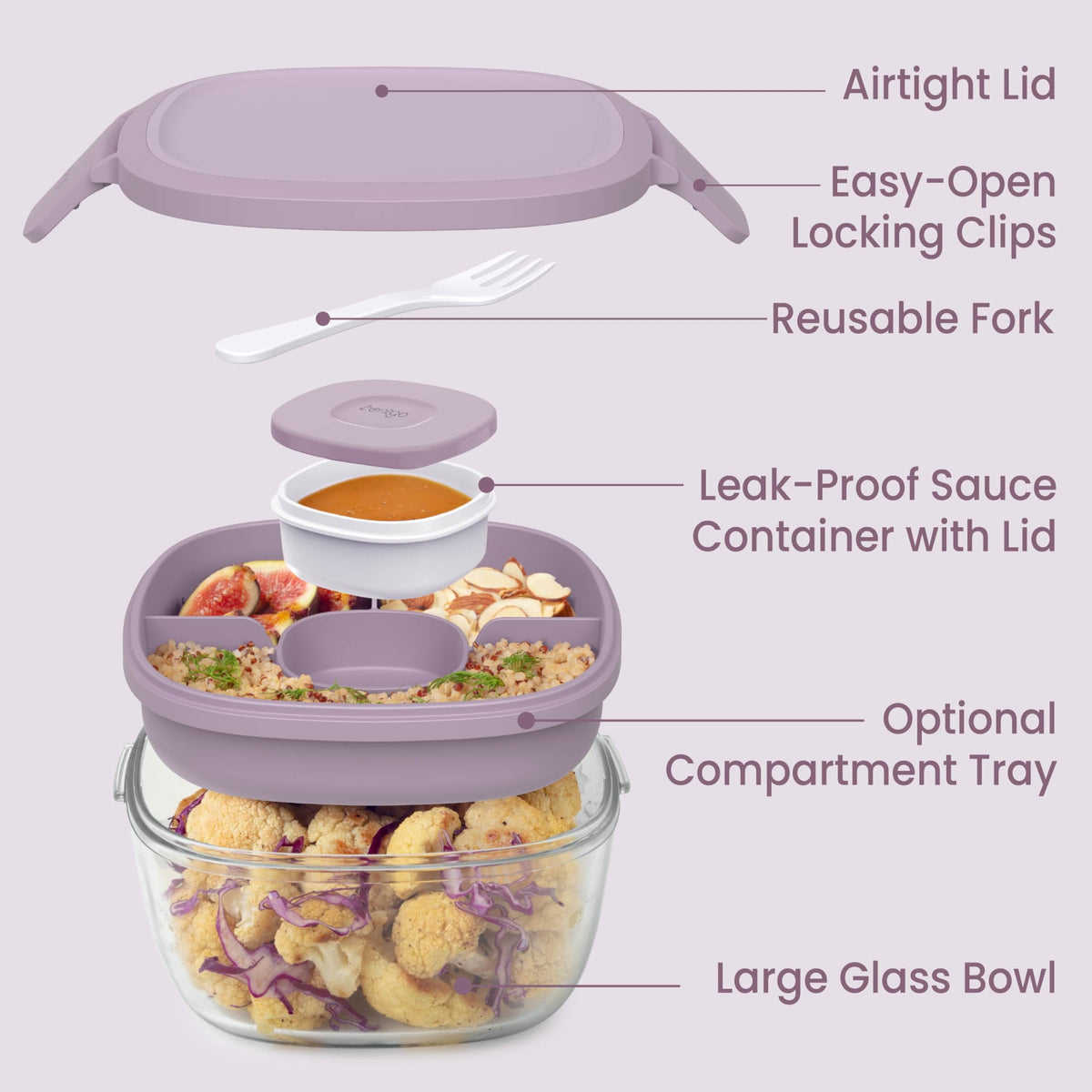 Bentgo Glass Salad Container - 7.6-Cup Salad Bowl with Airtight Lid, Leak-Proof Sauce Container, 4-Compartment Bento Tray & Reusable Fork - BPA-Free for Meal Prep, Office & More (Lavender)