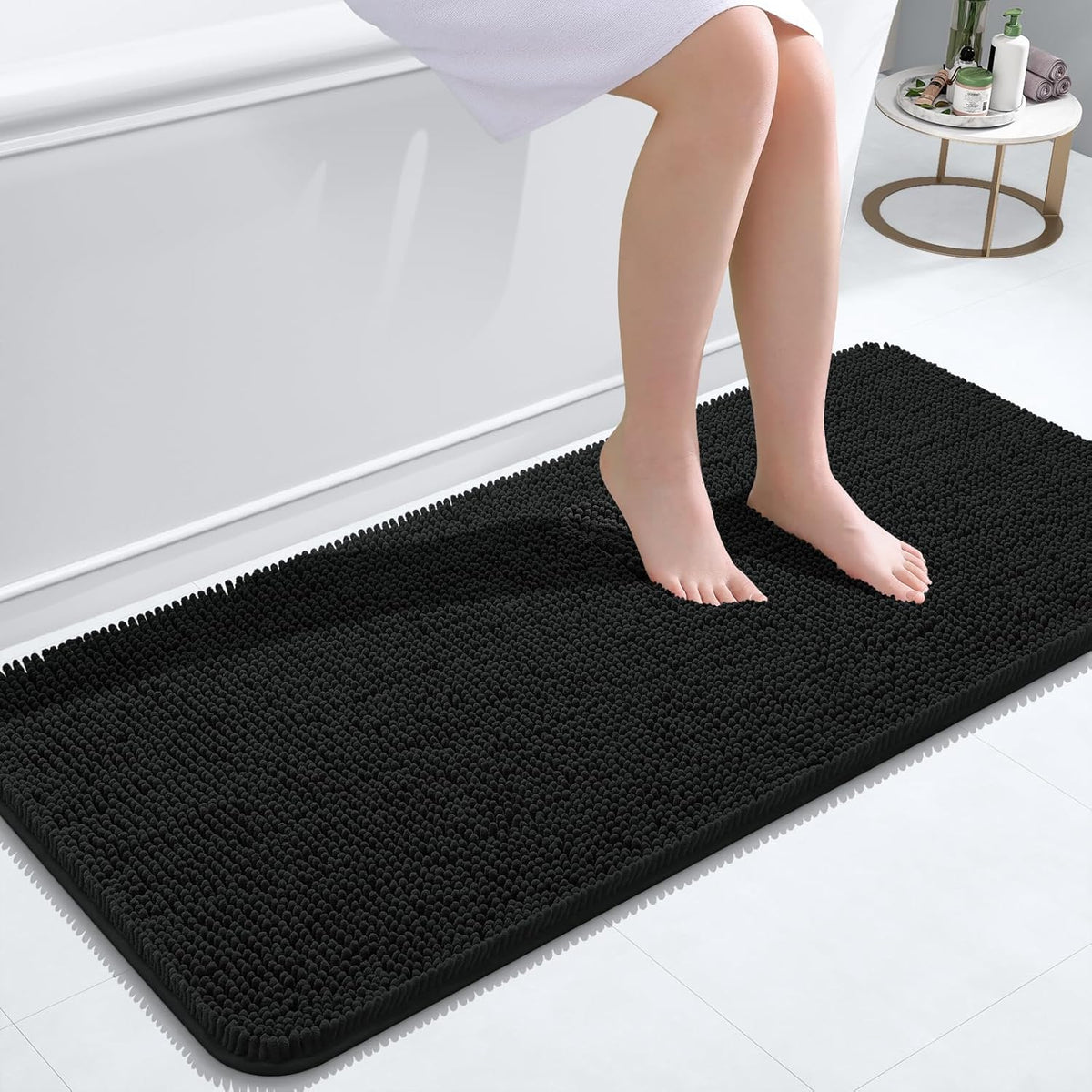 OLANLY Bathroom Rugs - Extra Soft Absorbent Chenille Mats | Quick-Dry, Machine Washable, 47x20", Black