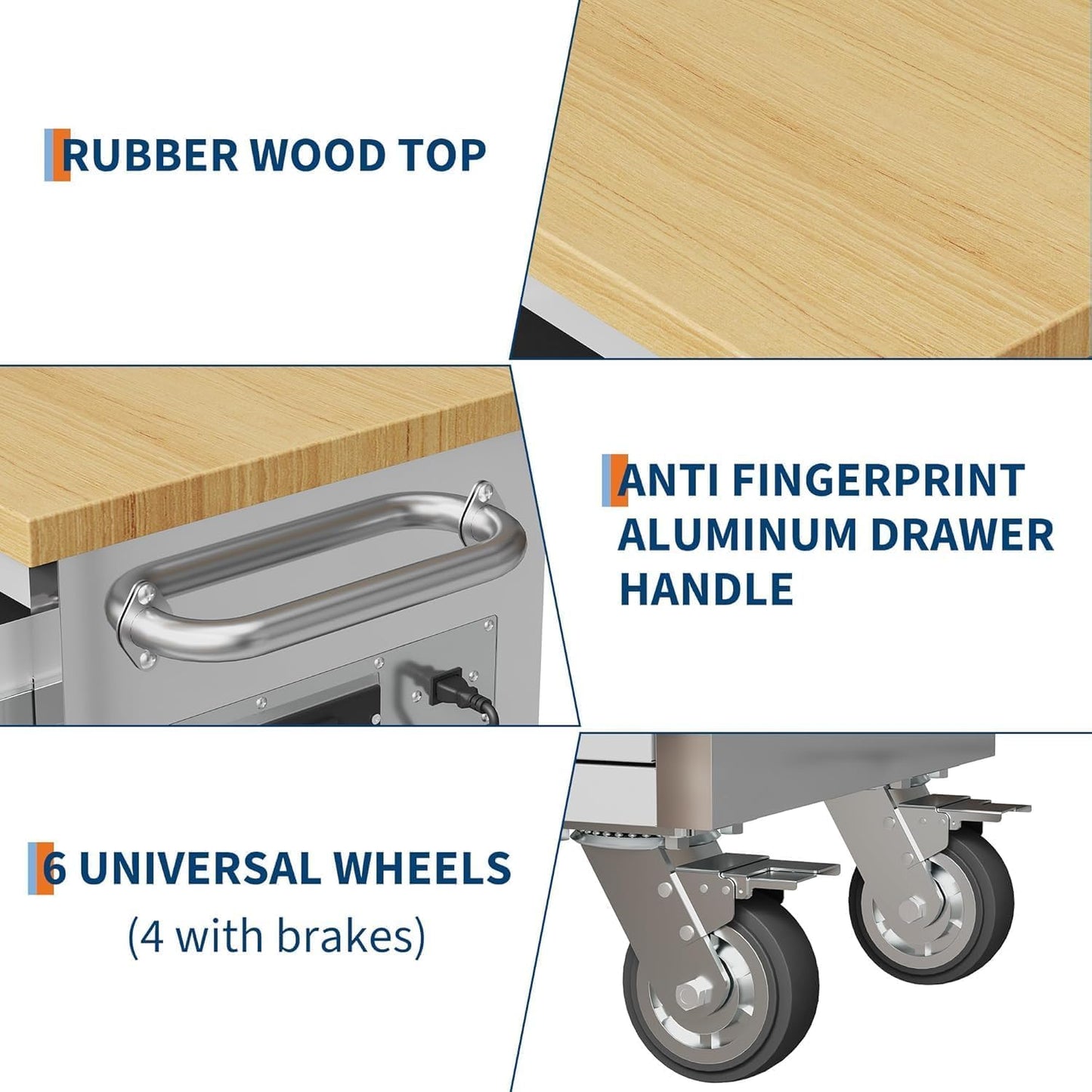 96" Rolling Tool Chest, 24 Drawers, Solid Rubber Wood Workbench Top, Locking Wheels and Key Lock, Mobile Garage Storage Cabinet, Heavy Duty Mobile Organizer for Workshop, Silver