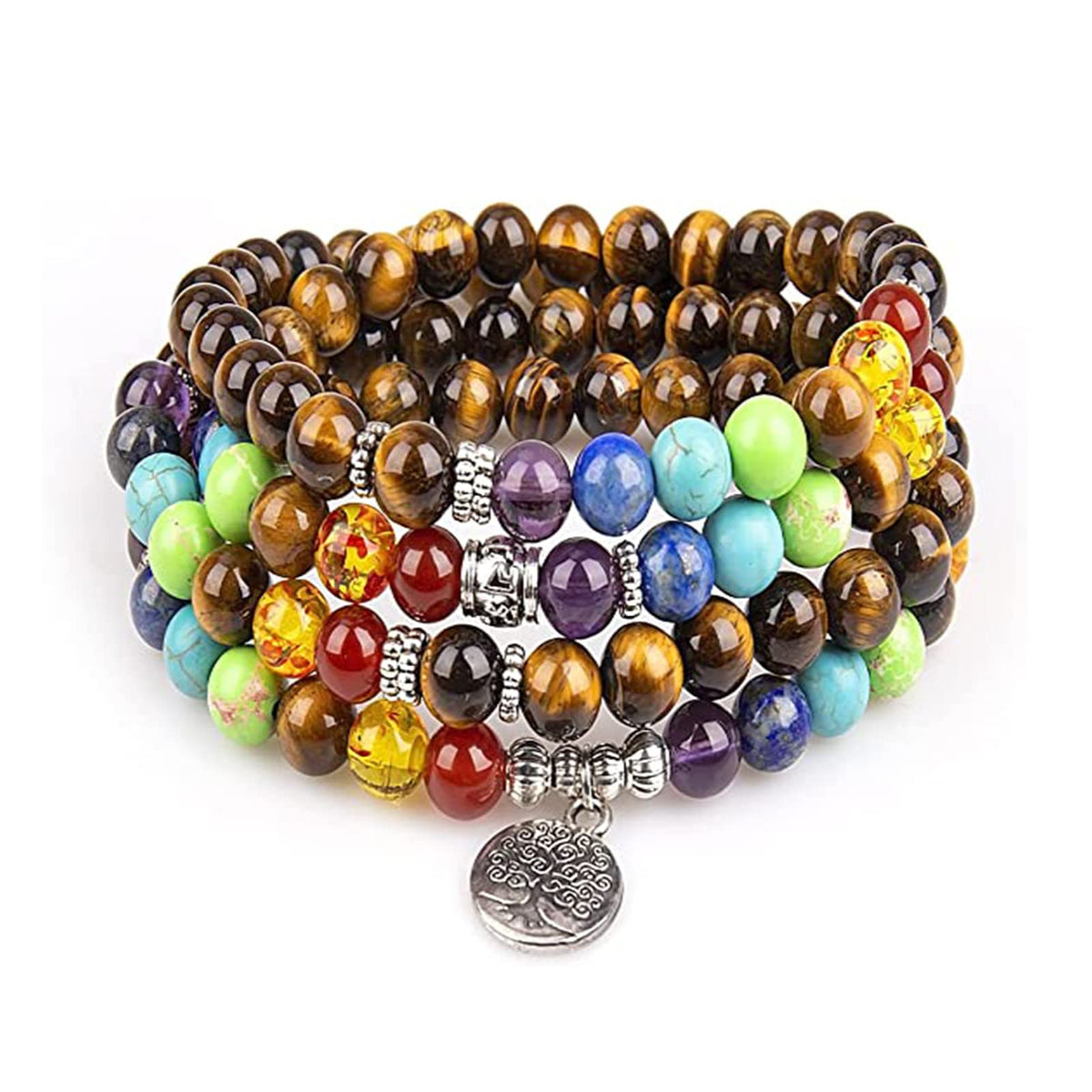 Addmluck 108 Mala Beads Necklace 7 Chakra Tree of Life Pendant Prayer Buddha Bracelets Healing Stone Yoga Men Women Jewelry(7 chakra tiger eye)