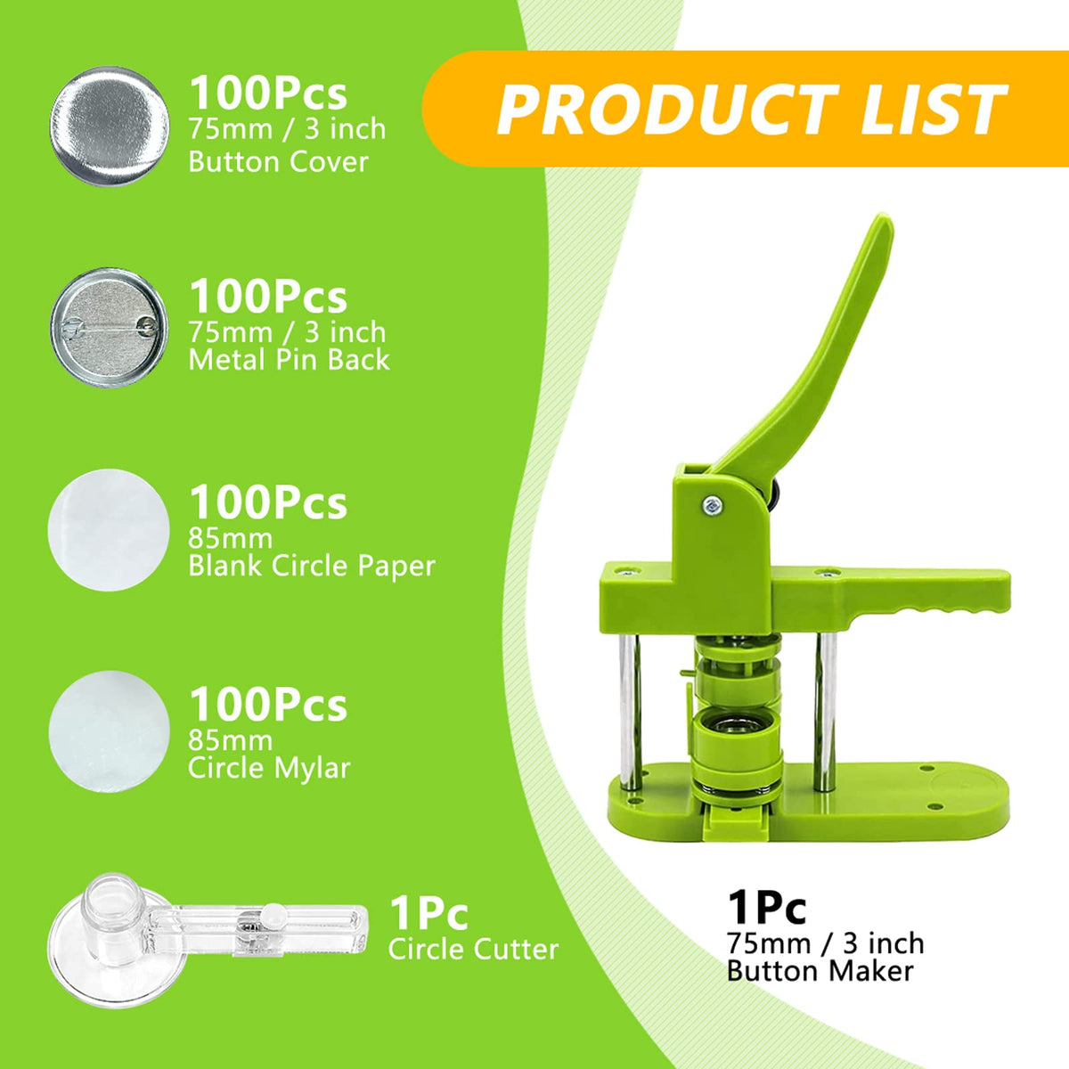 Button Maker Machine 75mm with Badge Pin Supplie Kit, 3-inch Pins Press Buttons Making with Blank Round Button Parts Metal Pin Back & Picture Paper & Plastic Mylar & Cutter, for DIY Keepsake Gift