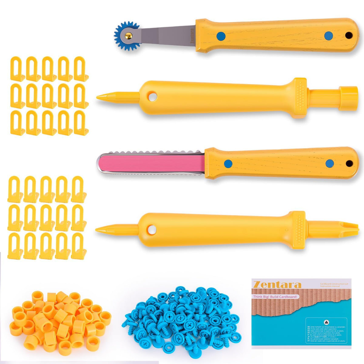 Zentara Kids Cardboard Tool Set, 232-Piece STEM Building Kit with Safe Wooden Cutter, Reusable Bolts & Nuts, Hinges, and Eco Gift Box