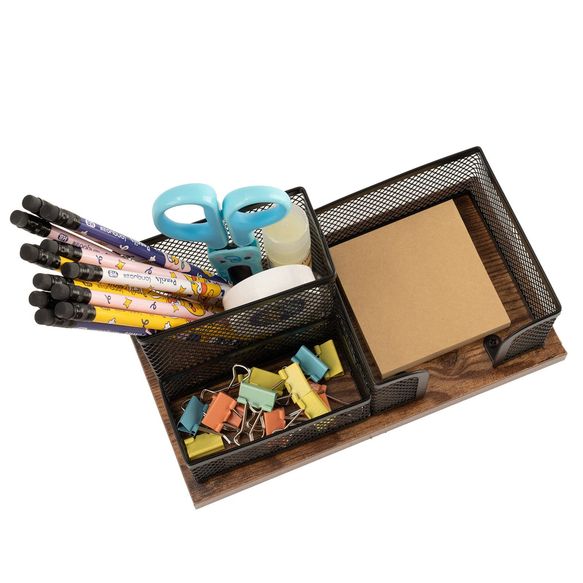 ASIFMTHOT Antique Wood & Mesh Pen Holder Office Supplies Caddy, Storage Baskets for Desktop Accessorieswith Sticky Notes Holder,3 Compartments(2 Pack Black)
