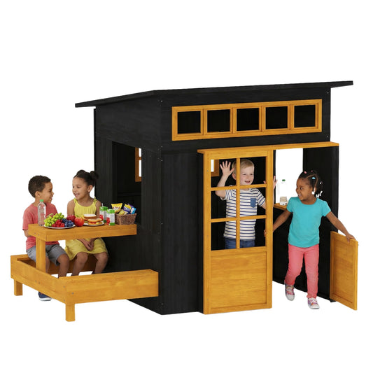 Qaba Kids Outdoor Playhouse Fir Wooden Kids Playhouse with Picnic Table and Benches, Chalkboards, Half Door and Windows, DIY Cottage Play House for Indoor Outdoor Imaginative Play, Ages 3-8