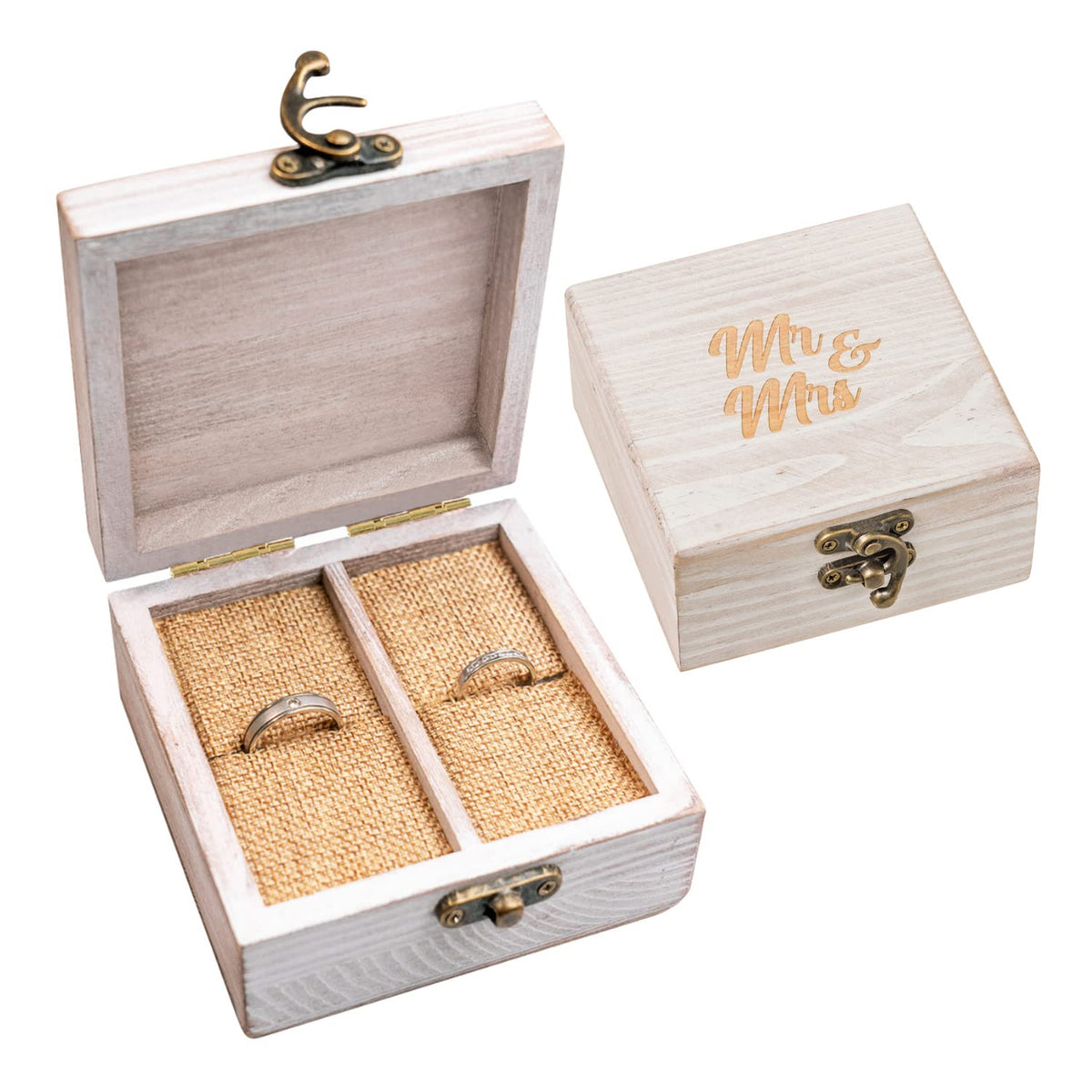 Strova Wooden Ring Box for Wedding Rings and Couple Jewelry - Engraved Mr. & Mrs. Lettering - Ring Bearer Box for Display or Personal Organizer - Brass Latch and Soft, Protective Ring Cushions