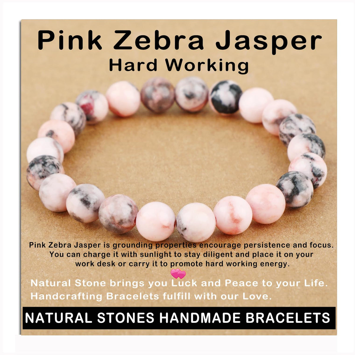 AD Beads Handmade Gemstone Stretch Elastic Bracelet Crystal Healing Reiki Nature's Beauty and Spiritual Essence Unisex (8mm, Pink Zebra Jasper (Hard Working))