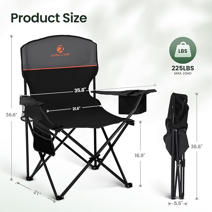 HIGH POINT SPORTS 2 Pack Portable Camping Chair for Adults, Folding Outdoor Camp Chair Lightweight Lawn Chairs Folding Collapsible Chair for Camping, Tailgates, Beach, Black, Support 250 lbs