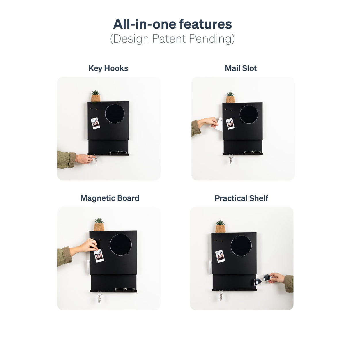 PeachyModern Key Holder Wall Mount and Mail Organizer - Hide Your Mail with a Modern and Minimal Look (Black)