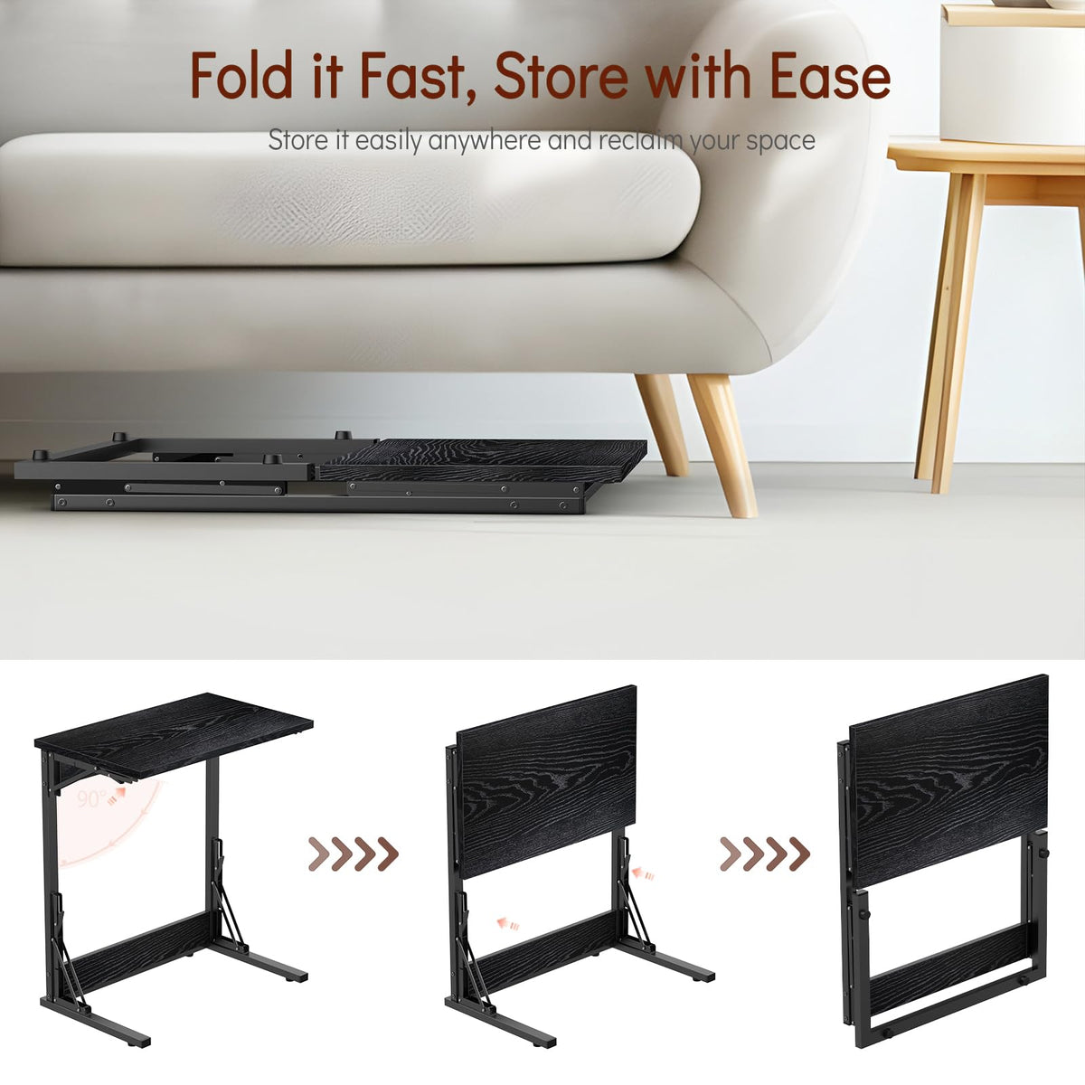 Tatub 24" Folding C Shaped End Table, Small Sofa Side Laptop Desk, Couch TV Tray Table for Living Room, Bedroom, Dark Black