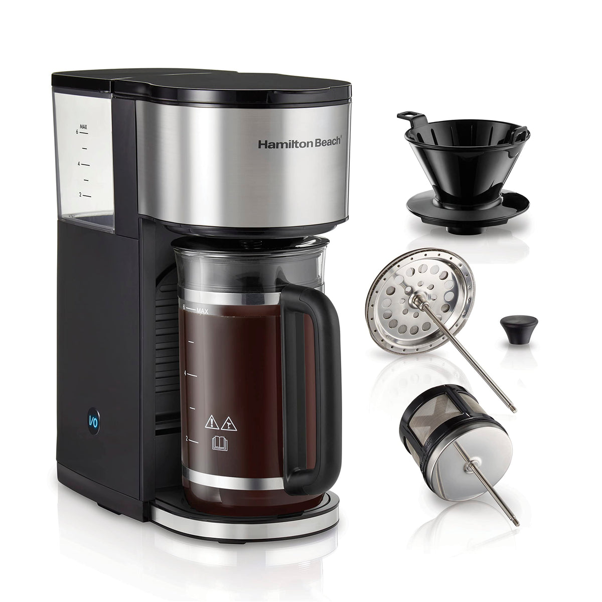 Hamilton Beach Home Barista 7-in-1 Small Coffee Maker with Seven Ways to Brew, 6 Cup Carafe, Drip, Single Serve, French Press, Pour Over, Cold Brew, Easy-Fill Reservoir, Black (46251)
