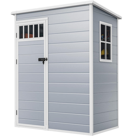DWVO 5x3FT Outdoor Storage Shed with Fence-Style and Side Windows, Floor & Lockable Doors, Plastic Storage Shed for Backyard and Garden, Gray