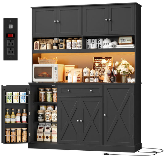 HIFIT 72.8” LED Kitchen Pantry Cabinet with Charging Station, 55” Wide Pantry Storage Cabinet with Large Countertop&Shelves&Drawers, Farmhouse Kitchen Hutch Coffee Bar for Living Room, Black