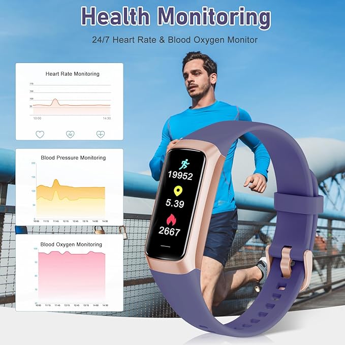 Fitness Tracker with 24/7 Heart Rate, Blood Oxygen Blood Pressure Sleep Monitor, Activity Trackers 5 ATM Waterproof,Step Calorie Counter Pedometer Health Smart Watch for Women Men Purple
