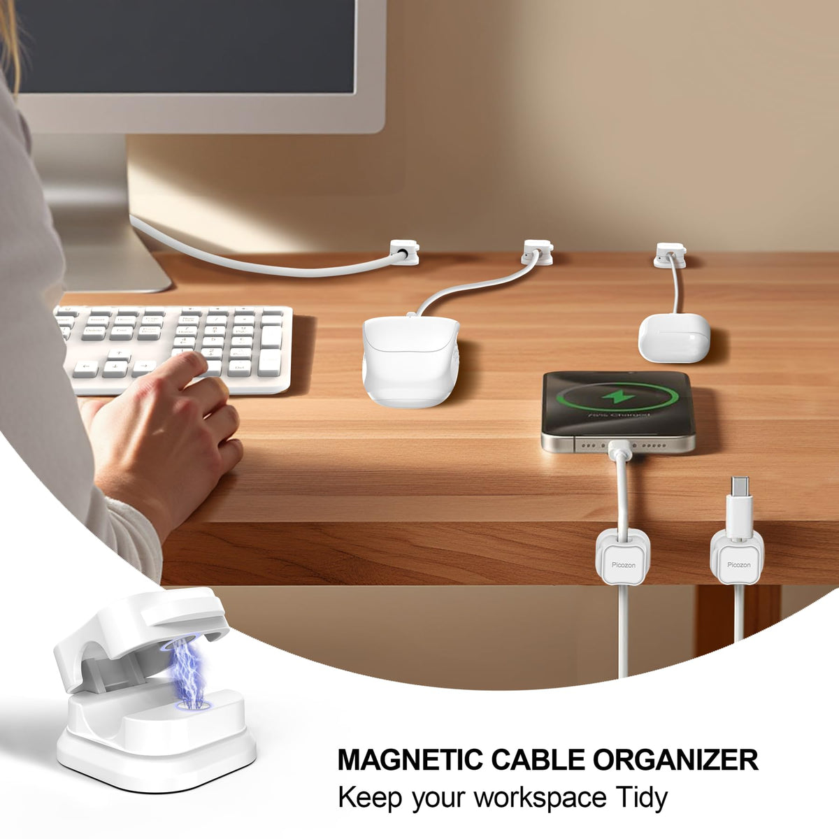 24 Pack Magnetic Cable Clip Organizer Cord Holder, Picozon Adhesive Cable Management, Wire Phone USB Charger Cable Holder, Keeper Organizer for Office Home Desktop Table - White