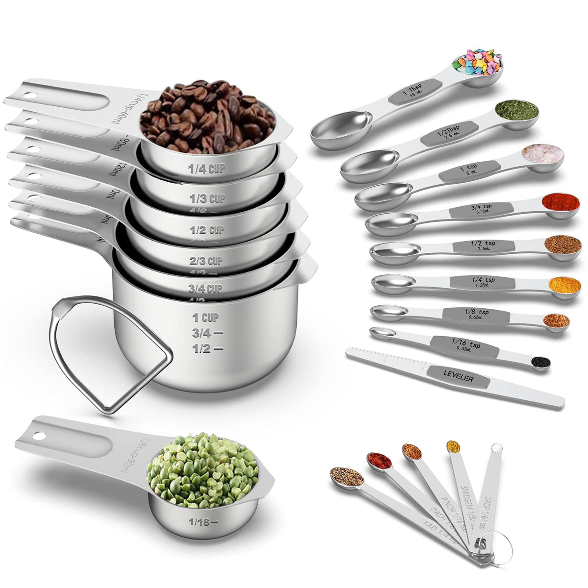 Measuring Cups and Magnetic Measuring Spoons Set, Wildone Stainless Steel 7 Measuring Cups, 8 Double Sided Stackable Magnetic Measuring Spoons, 1 Leveler & 5 Mini Spoons - 21 Piece