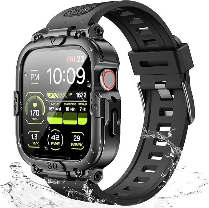 Dsytom Waterproof Case with Band Compatible for Apple Watch Band 46mm 45mm 44mm 42mm(S11/10) 41mm 40mm for Men,Rugged Smartwatch Strap with Built-in Tempered Glass Screen Protector for iWatch Series 11/10/9/8/7/6/5/4/SE