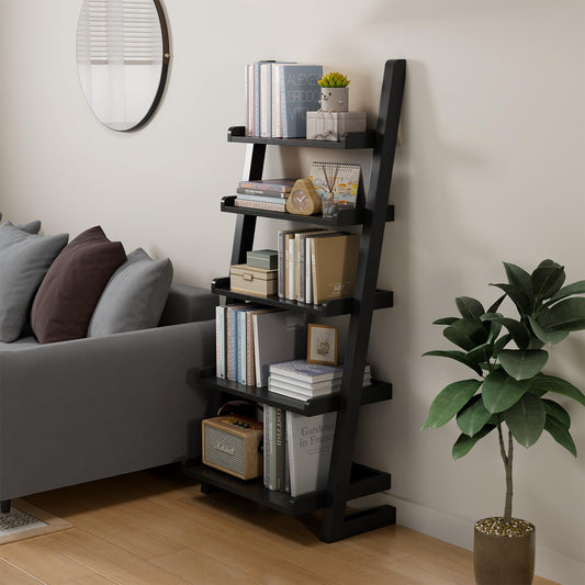 AQIMUELE Black Wooden Ladder Shelf with Edges, 5-Tier Modern Leaning Bookshelf Ladder – Stylish Space-Saving Bookcase for Living Room, Bedroom & Home Office