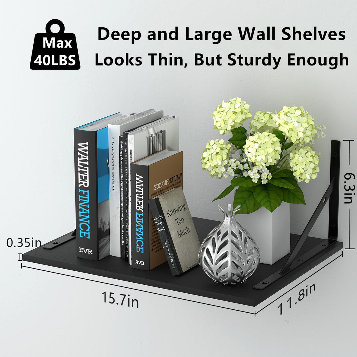 Deep Floating Wall Shelves - 4 Sets of 12 Inch Wide Black Wood Shelves for Bathroom, Bedroom, Kitchen, Living Room