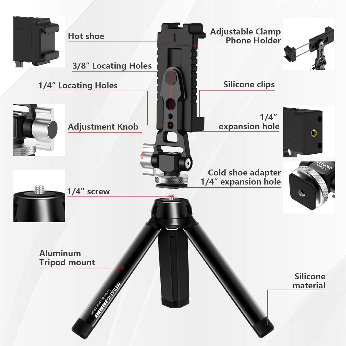 CAMEDAFLX Mount,360Adjustable Aluminum Tripod Stand Mount Universal Smartphone Adapter with Cold Shoe Cellphone Clamp
