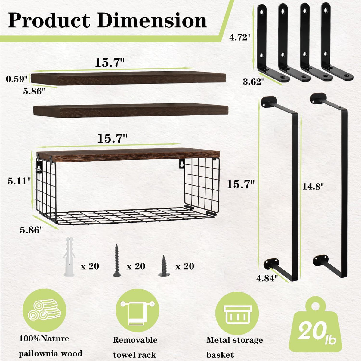 Regine Switzerland Floating Shelves - Wall Mounted Bathroom Organizer with Storage Basket & Towel Rack | Dark Brown, Set of 4, 16 in