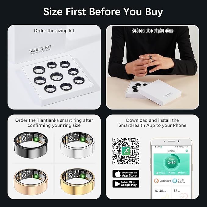 Ring Health Tracker for Women Men, Fit Ring with Heart Rate, Blood Oxygen, Sleep Monitor, Calories, Step Counter, IP68 Waterproof Smart Ring for iPhone & Android, No Subscription Fee (Black, 9#)