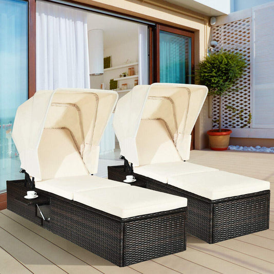 Tangkula Outdoor Chaise Lounge Chair with Folding Canopy, Adjustable Cushioned Reclining Chair with Flip-up Tea Table, Rattan Sun Lounger for Beach Poolside Backyard Balcony Porch (2)