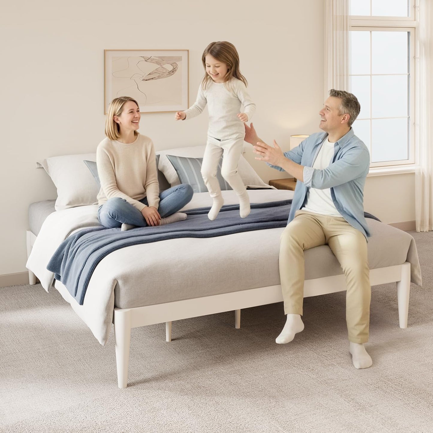 IOTXY Twin-XL Platform Bed Frame - Solid Wood 16-Inch Height Mattress Foundation Base with Densely Slats and Heavy-Duty Support Legs, No Box Spring Needed, White