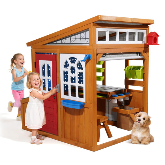 VEVOR Outdoor Playhouse, Cedar Wooden Kids Playhouse with Bird Nest, Doorbell, Trash Bin, Gravity Wall Set, Storage Pocket, Windowsill, Wooden Kids Cottage for Aged 3 to 10, Rounded Corners