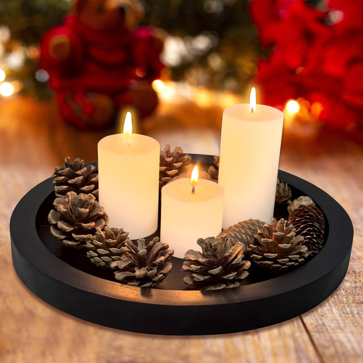 Round Decorative Tray for Coffee Dining Table Countertop Small Wooden Serving Trays Farmhouse Kitchen Home Living Room Decor and Bathroom Accessories Tray Black Rustic Wood Candle Centerpiece Trays