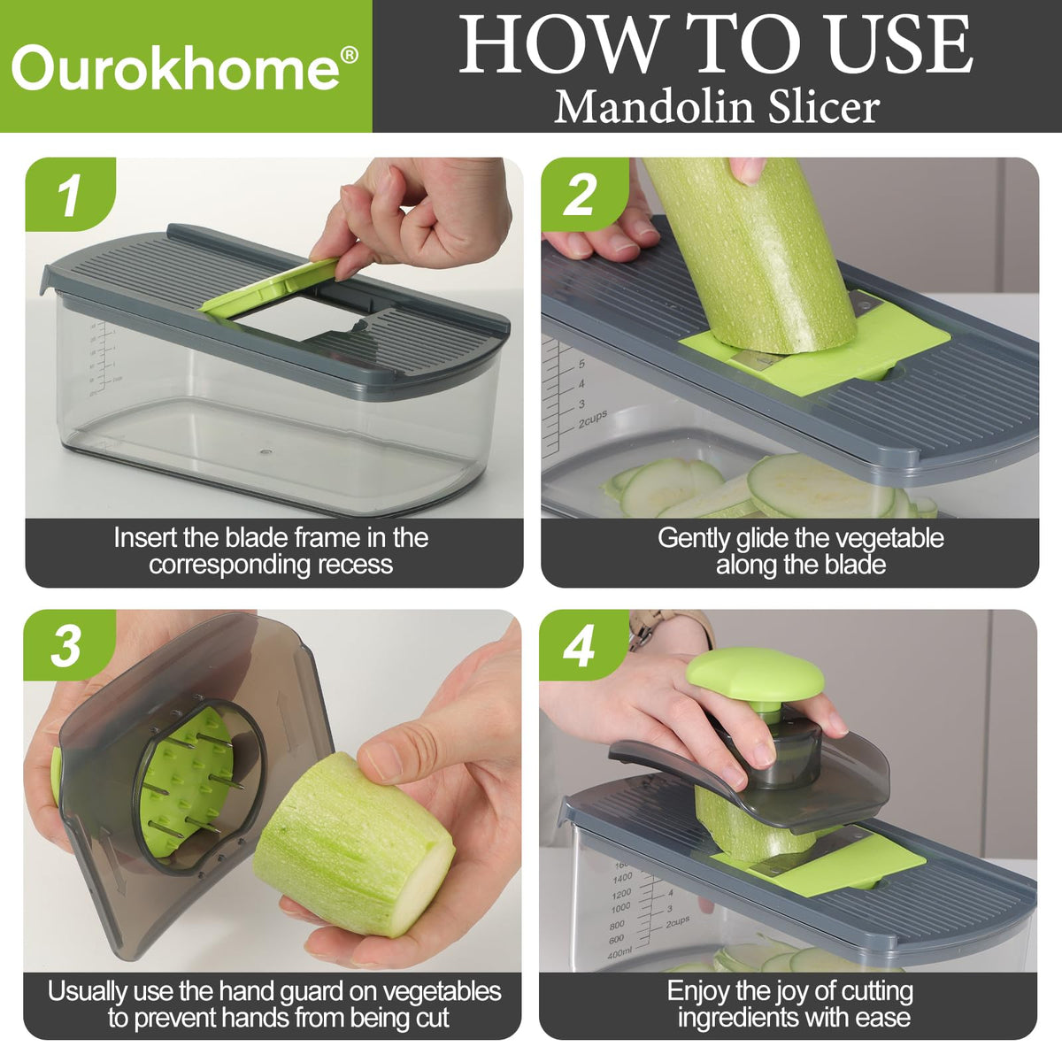 Ourokhome Food Chopper Manual Hand with Container, Mandolin Vegetable Slicer Onion Dicer with 8 Blades, Veggie Shredder for Potato, Tomato, Essential Kitchen Gadgets (8 in 1, Gray)