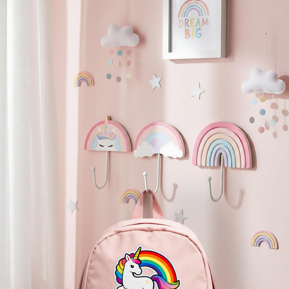 AceOrbit 3 Pcs Rainbow Wall Hooks Unicorn Wall Hangers Pink Nursery Coat Rack Rainbow Art Holder for Kids Bedroom Home Decoration