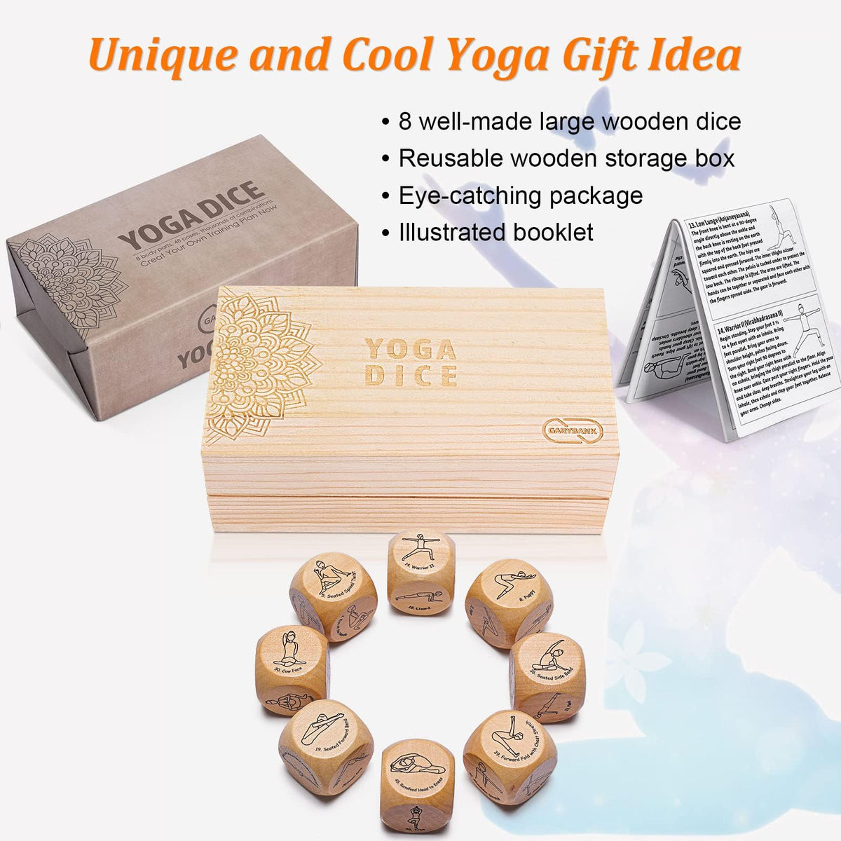 Garybank Yoga Dice in Wooden Gift Box with Practice Guide, 8 Workout Exercise Dice, Tons of Possible Combinations, Yoga Accessories Gifts for Beginners Women, Mindfulness Meditation Gifts,Fitness Dice
