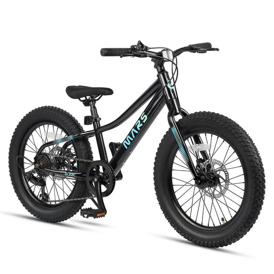 Glerc Mars Kids Mountain Bike, 20 Inch Fat Tire Bike for Teen Ages 6-12 Year Old, Bicycle with 2.8-Inch Wide Tires and 6 Speed Drivetrain, Black