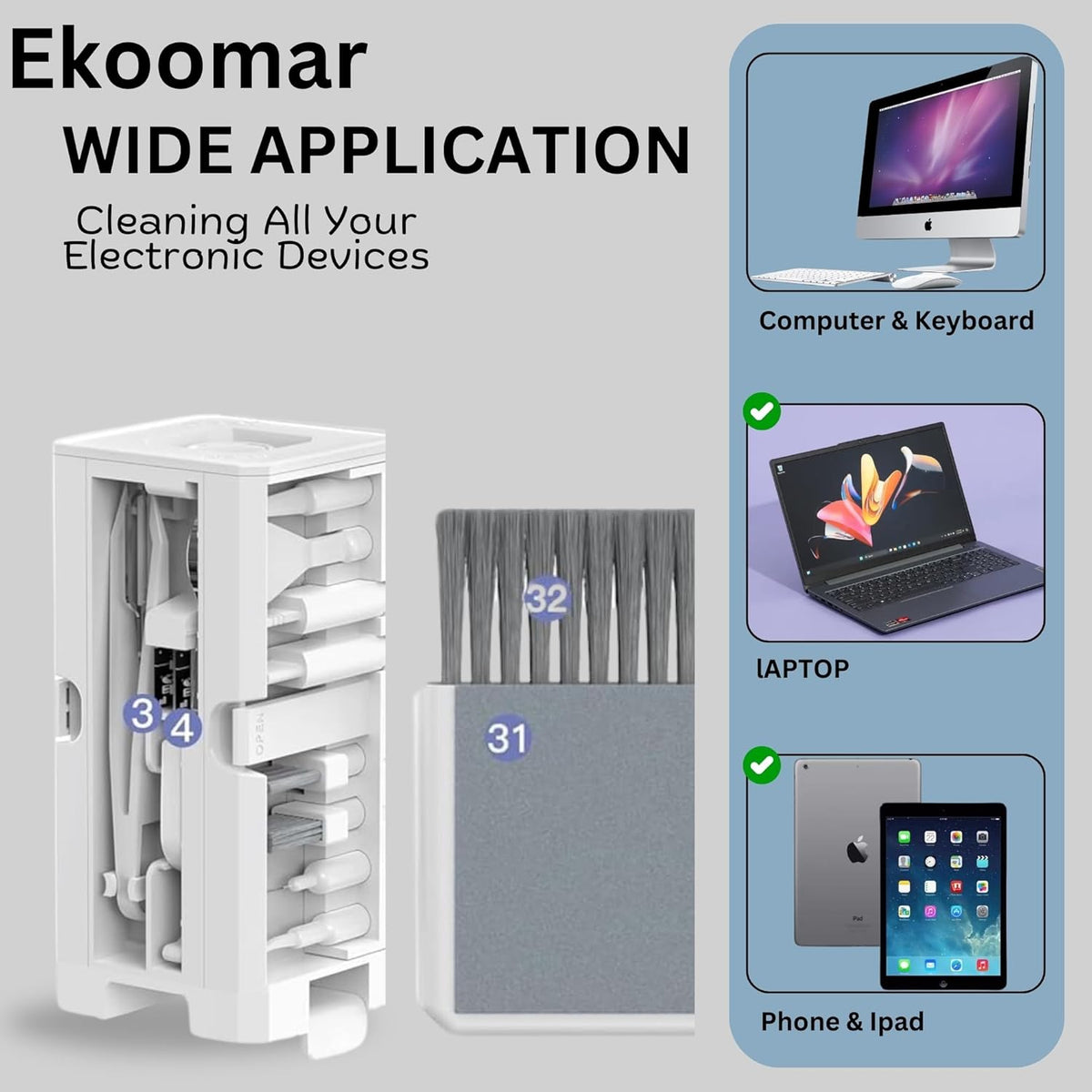 Ekoomar 32-in-1 Electronics Cleaning Kit - Keyboard, Phone, Computer & Laptop Cleaner Kit - Compatible for MacBook