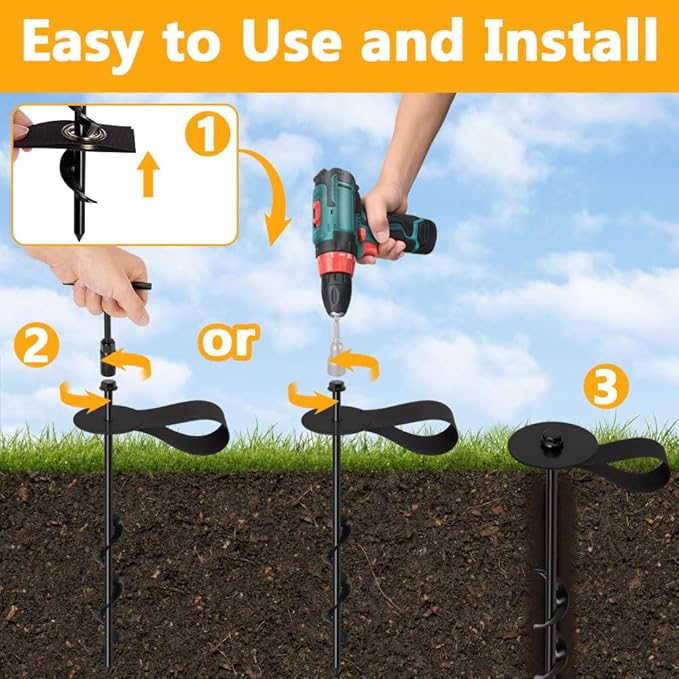Trampoline Stakes, Flymer Trampoline Anchors High Wind Heavy Duty, 12 in Trampoline Tie Down Anchor Kit for Ground Stake, Screw in Ground Anchor 6 Pcs with Straps