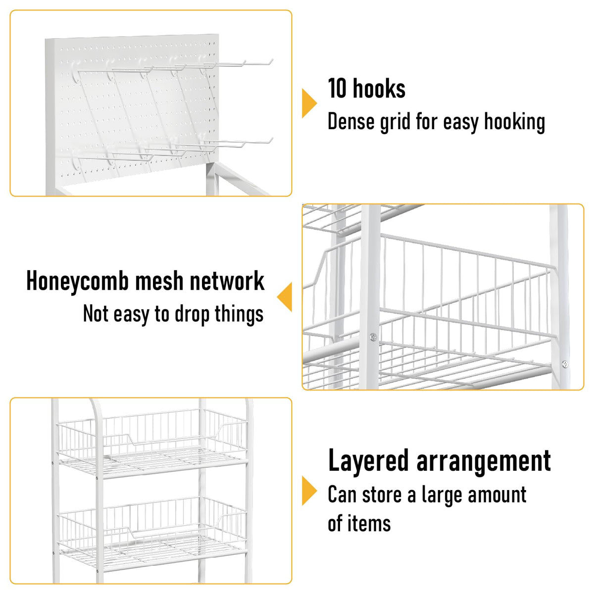 Qriocioa Retail Snack Display Rack 4-Tier White Metal Candy Potato Chip Metal Wire Display Shelf Brackets with Wheels & Hooks Multifunctional Snack Shelf Organizer for Pantry Kitchen, White