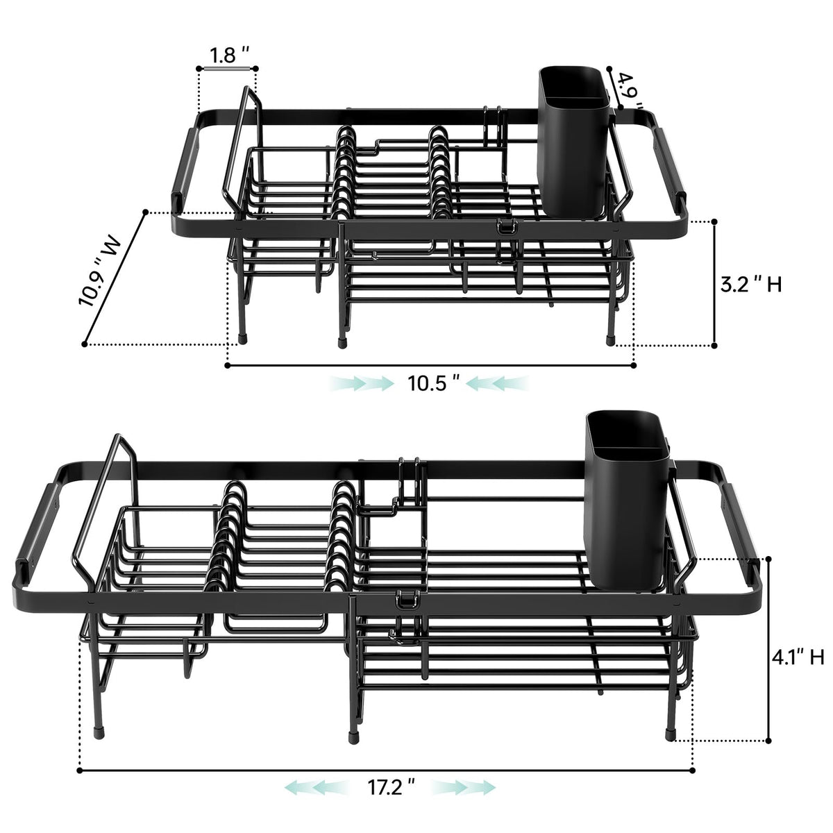 Urackify Dish Drying Rack in Sink - Expandable (14.5''-18''L) Over The Sink Dish Rack with Utensil Holder, Space-Saving Dish Drainer for Kitchen Counter, 1 Piece, Matte Black