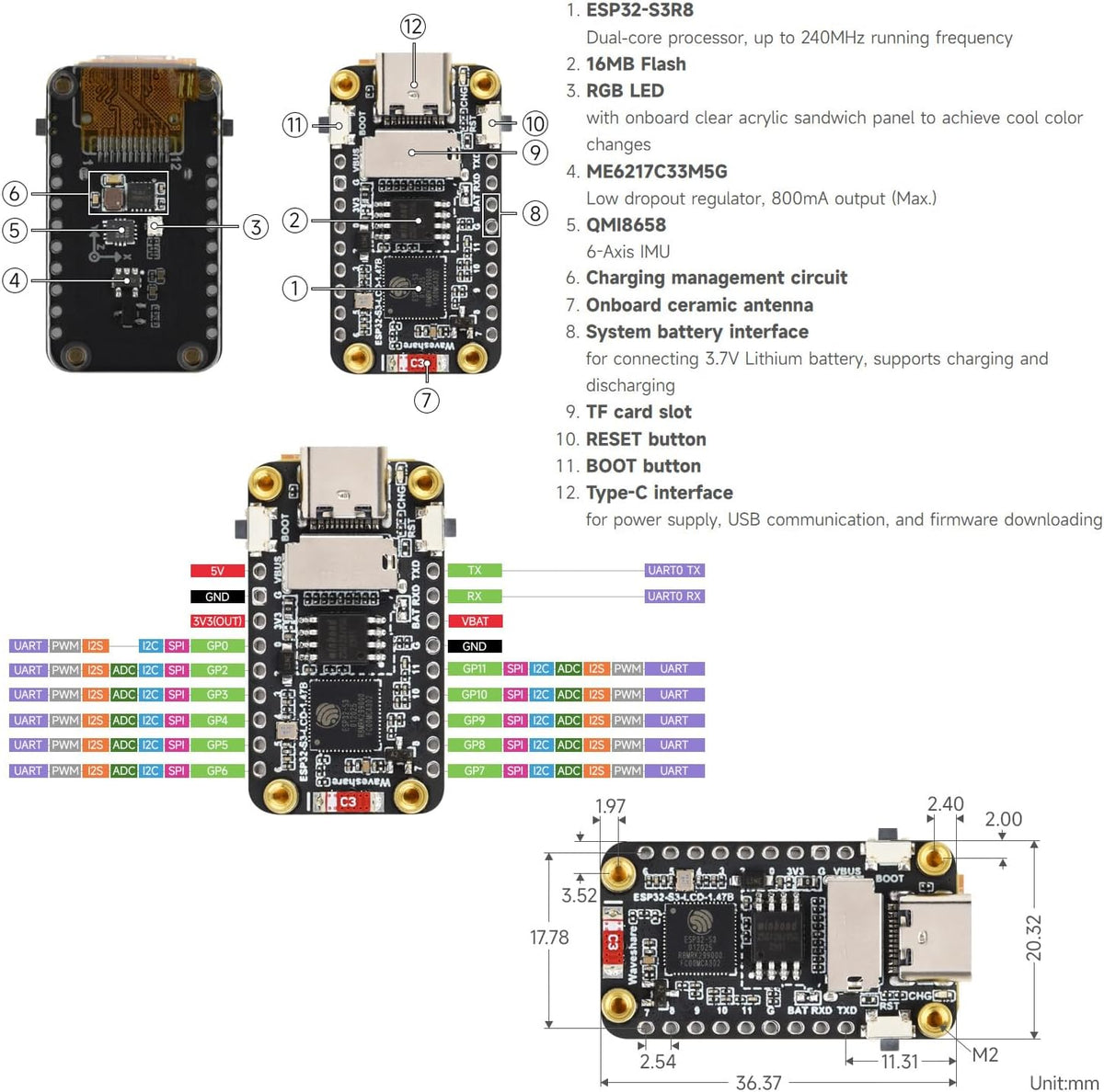 waveshare ESP32-S3 1.47inch 172320 262K 2.4GHz 5, 240MHz LX7 ESP32 LCD Display Development Board, Resolution, Display