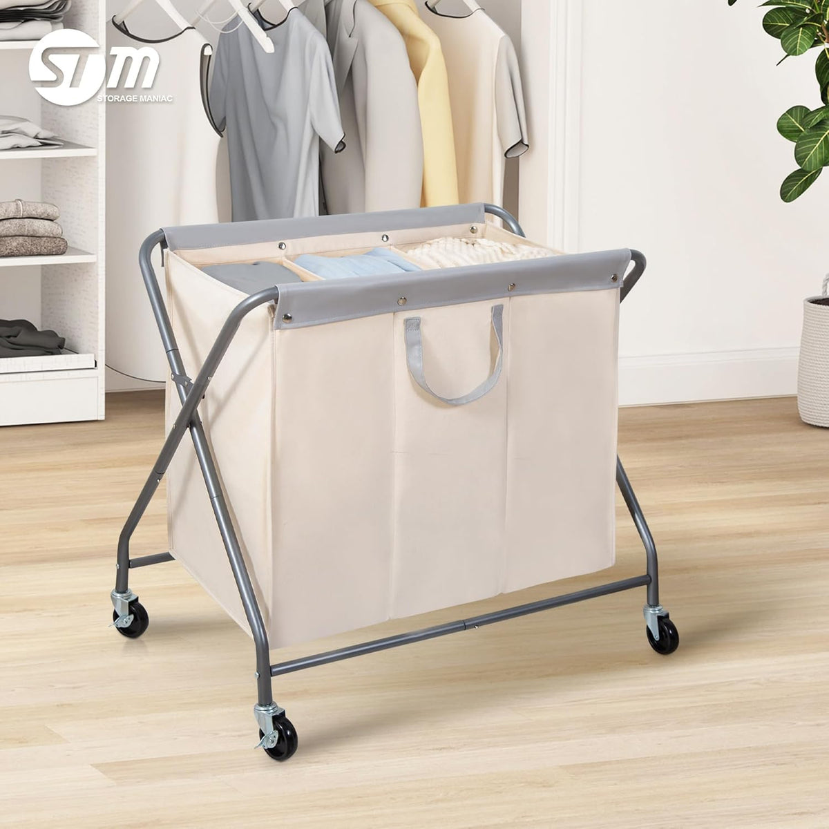 Storage Maniac 160L Collapsible Laundry Hamper - Heavy Duty Rolling Basket with Removable Bag & 3 Sections