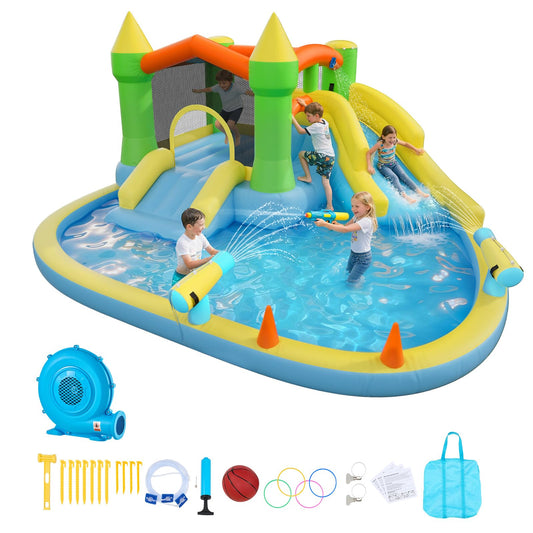 VEVOR Bounce House for Kids, Inflatable Bounce House with Air Blower, Water Slide, Bouncer Castle with Castle Bounces, Basketball Hoop, Splash Pool & Water Ring Toss, for 3 to 4 Kids Ages 3 to 8