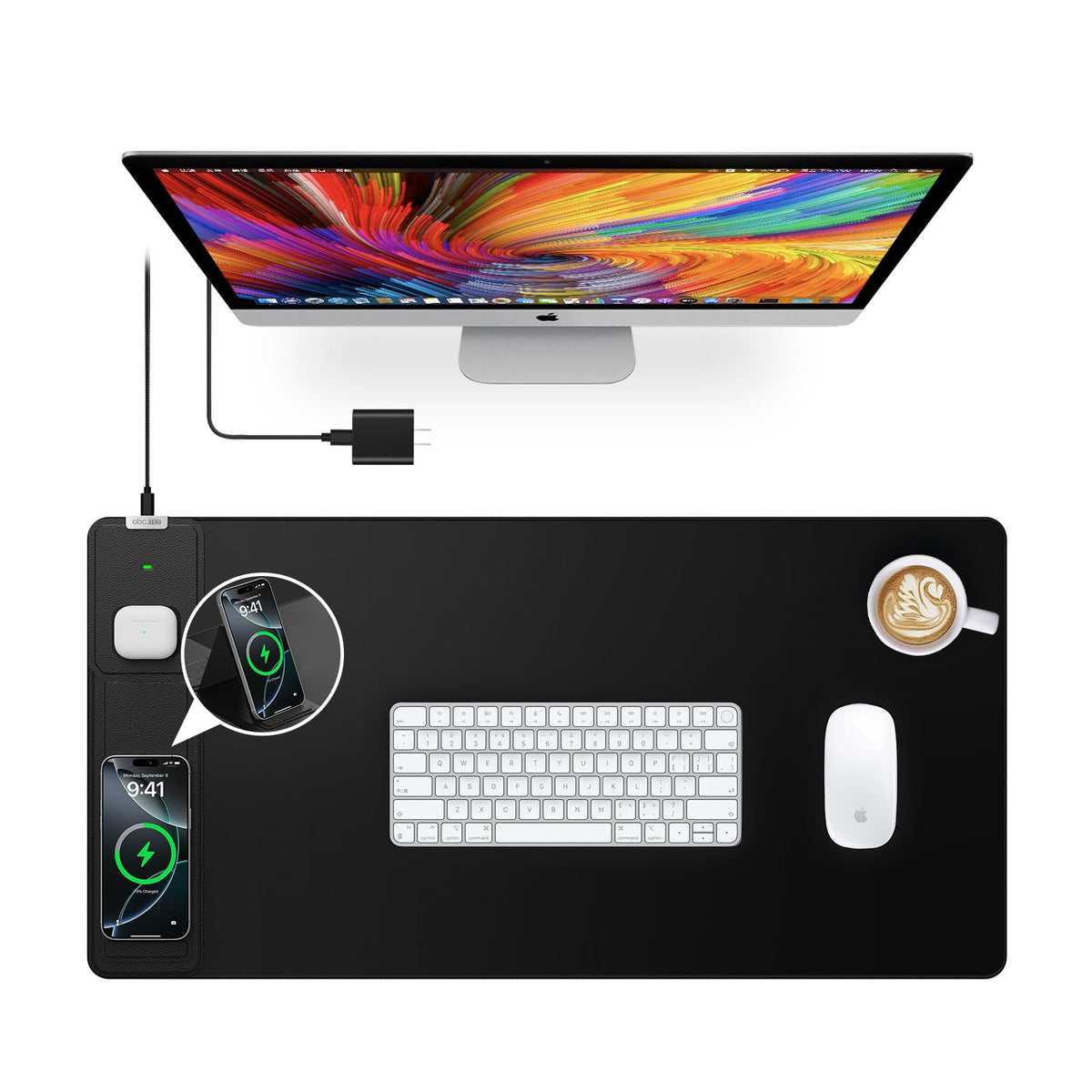 Wireless Charging Mouse Pad with Foldable Phone Holder, 31.5"x15.8" Extended Desk Mat for Laptop/Keyboard, Waterproof Ultra-Smooth Surface, Non-Slip Base & 20W PD Adapter, Black