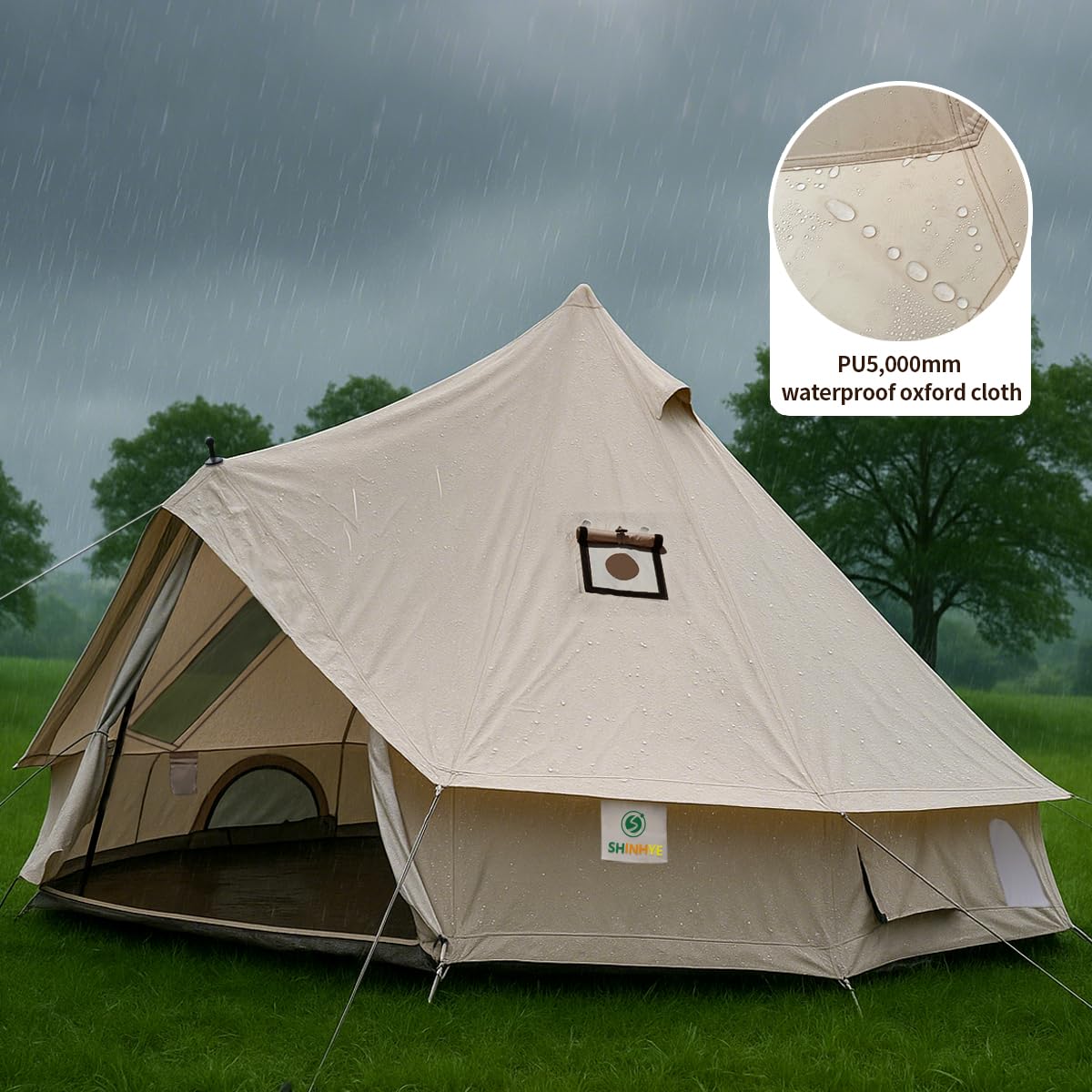 Bell Yurt Tent, Waterproof Luxury 4 Season Hot Tent with Stove Jack/Air Conditioner Vents/2 Skylight for Family Outdoor Camping Oxford Glamping Tents for All Year Living (4M- 173 sq. ft yurt)