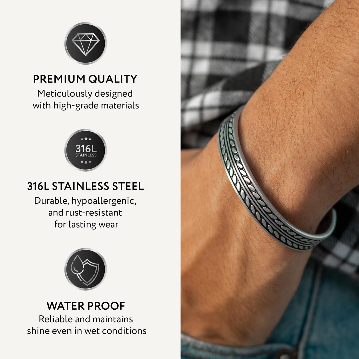 RTZN® Cuff Bracelet for Men – Premium Stainless Steel Mens Bangle Bracelets – Silver Mens Cuff Bracelet – Waterproof & Non-Tarnish Minimal Men Western Bracelet (Native Feather, Large)