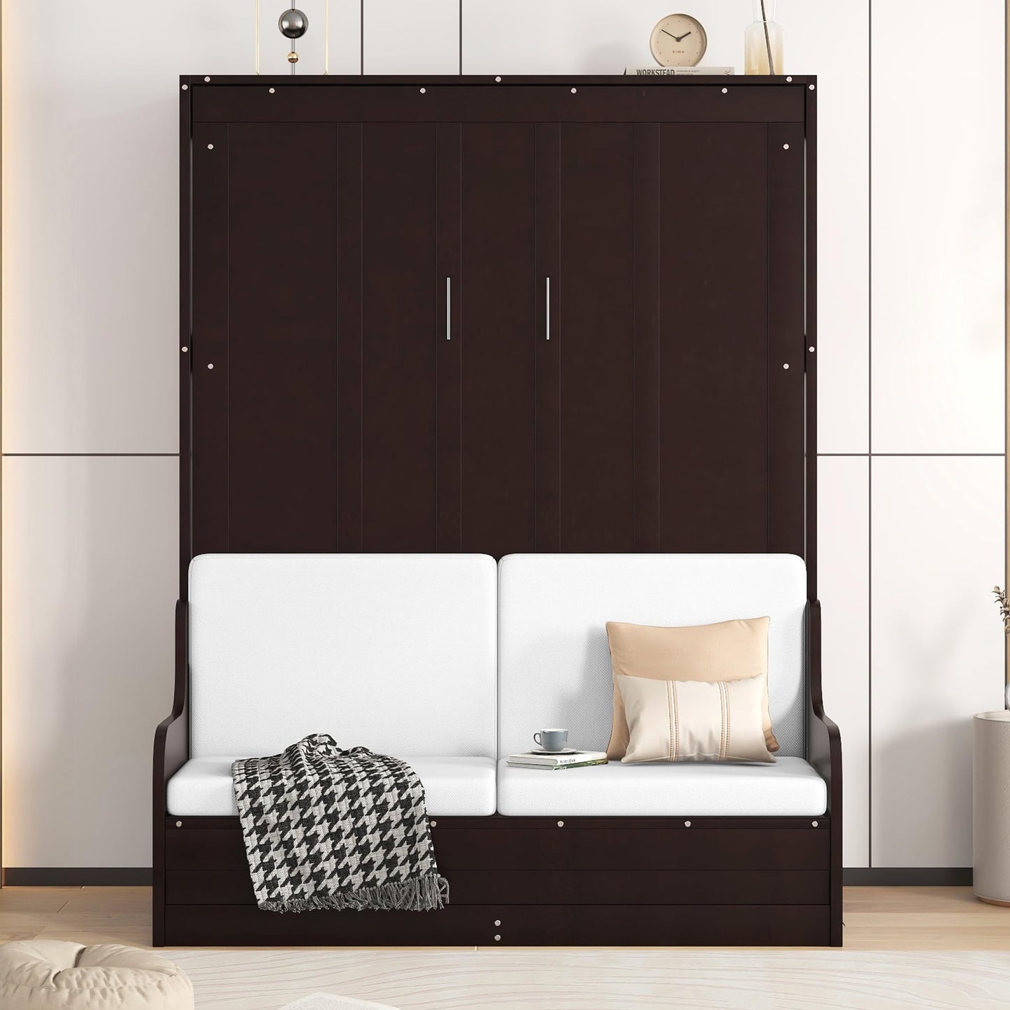 Ball & Cast Murphy Bed Wall Bed Queen Size with Cushion,Sofa Platform Bedfram Chest can be Folded,Wood Folding Hideaway w/Slat Support,Space-Saving Furniture for Guest Room,Study,Office,Espresso