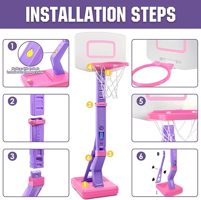 SUPER JOY Toddler Pink Basketball Hoop for Kids 1-3,2-4 5 Years Old, Adjustable Mini Hoop Set for Indoor Outdoor Play, Portable Basketball Goal Sports Toys for Little Boys Girls Birthday Gifts